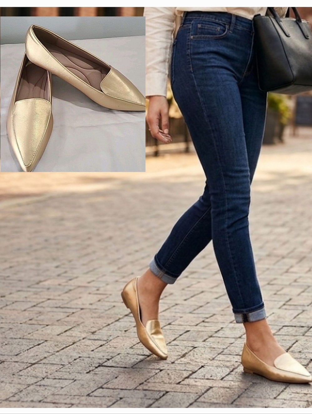 Amazon Brand Gold Faux Leather Metallic Pointed Toe Flat Foam Comfort Loafer 8.5